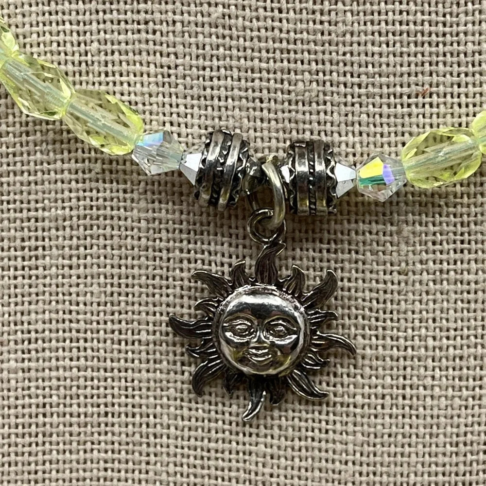 Vintage Handmade Silver Sun Pendant Necklace with Green Faceted Crystals - Picture 5 of 16